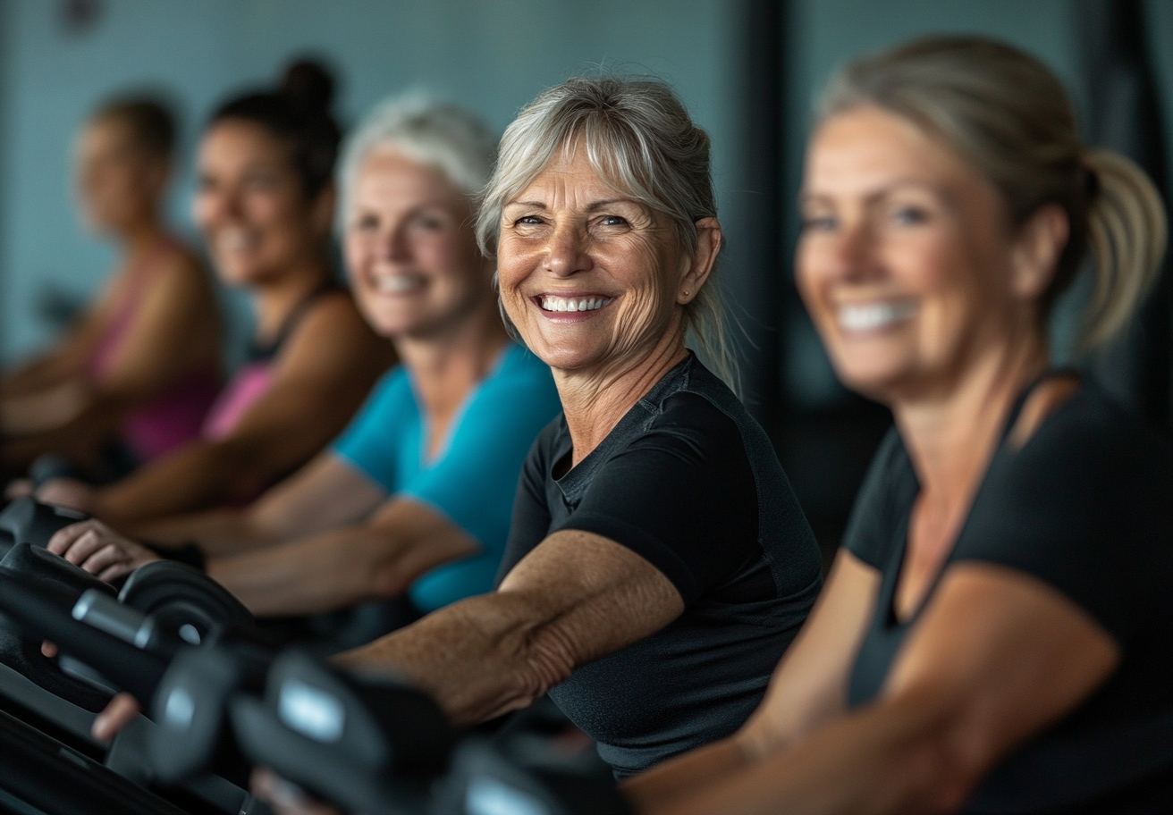 Активні люди старшого віку займаються фізичними вправами на природі